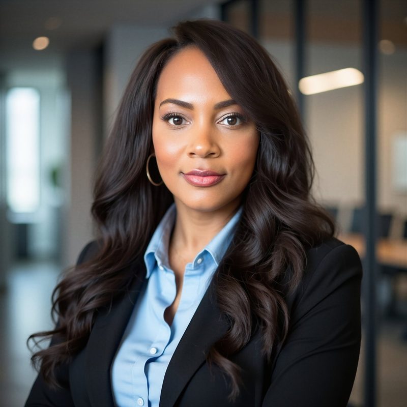 Dalva Franklin in a black blazer and light blue shirt